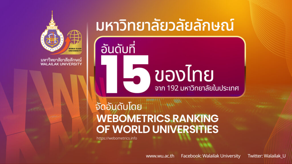 วลัยลักษณ์ อันดับ 15ของประเทศไทย จาก 192 มหาวิทยาลัยในประเทศ